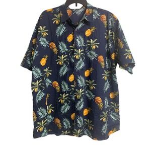 Jogal  XXL Navy Blue Pineapple Tropical Palm Print Cotton Button Down Shirt